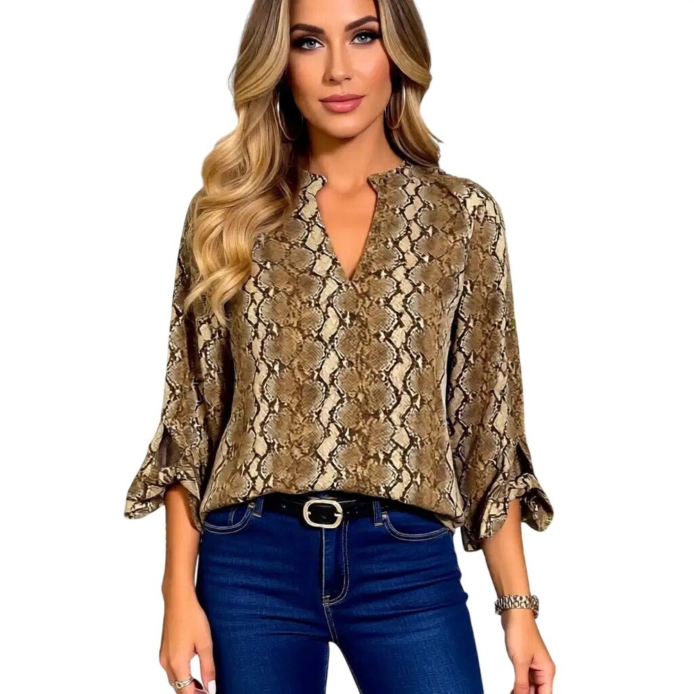 Michael Michael Kors Snakeskin Print Tie Sleeve Blouse Brown Tan VNeck Top S NWT